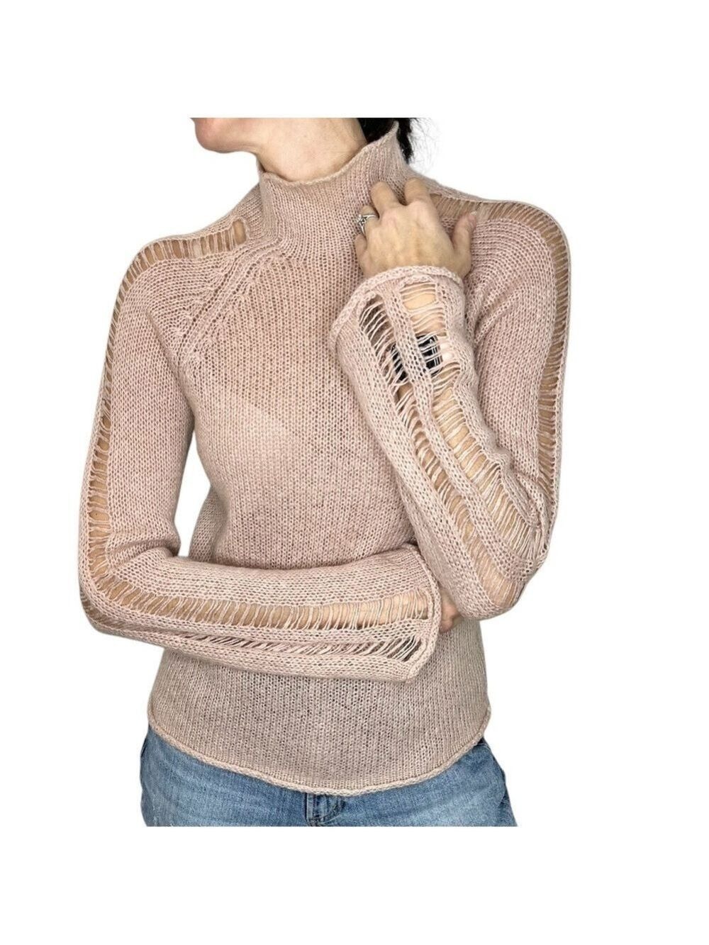 SISLEY pale pink edgy rock n roll destroyed sleeve mock neck sweater
